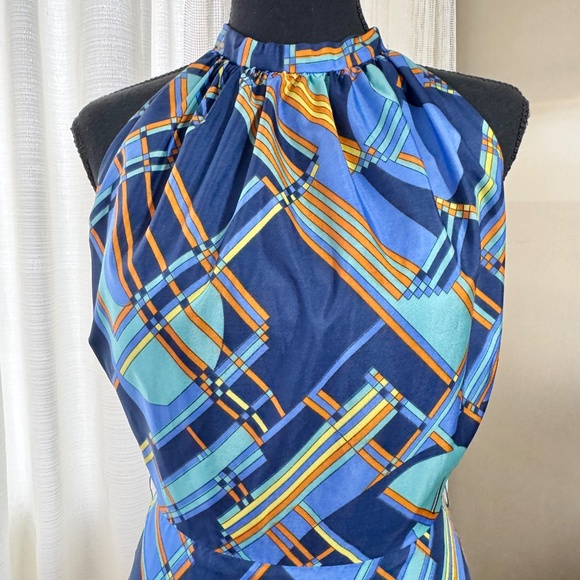 Vintage 60s halter maxi dress, blue orange abstract pattern, Norbert Carlin, 0/2 - Picture 3 of 15